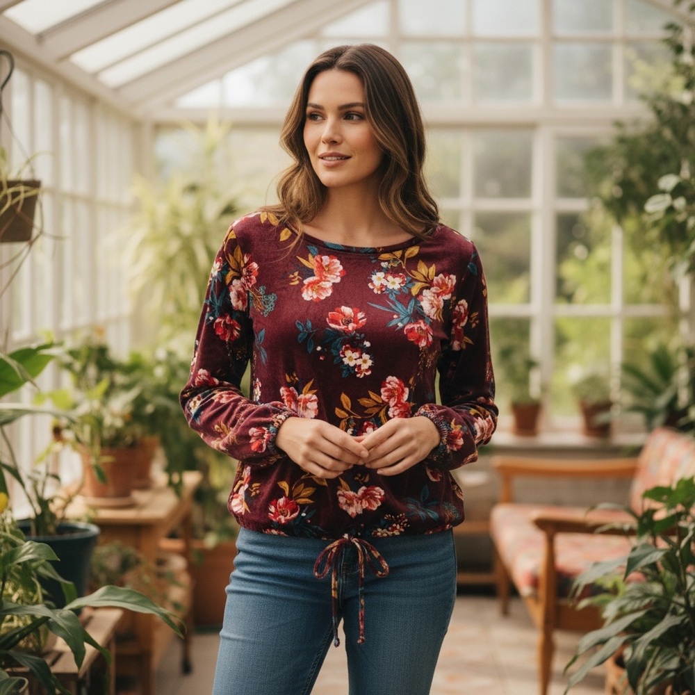 LOFT Velour Velvet Top Size Small Burgundy Floral Long Sleeves